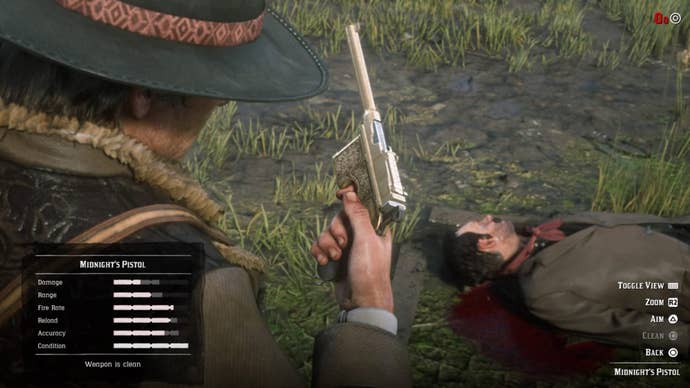 Arthur Morgan holds Midnight's Pistol next to a person that's been shot to death in Red Dead Redemption 2.