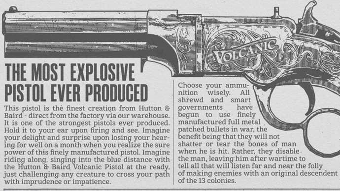 Western-style newspaper advert for the Red Dead Redemption 2 weapon the Volcanic Pistol.