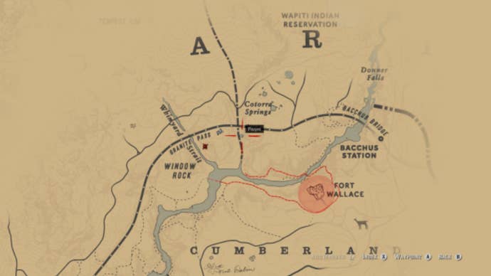 Map showing the location of the derailed train in Red Dead Redemption 2.