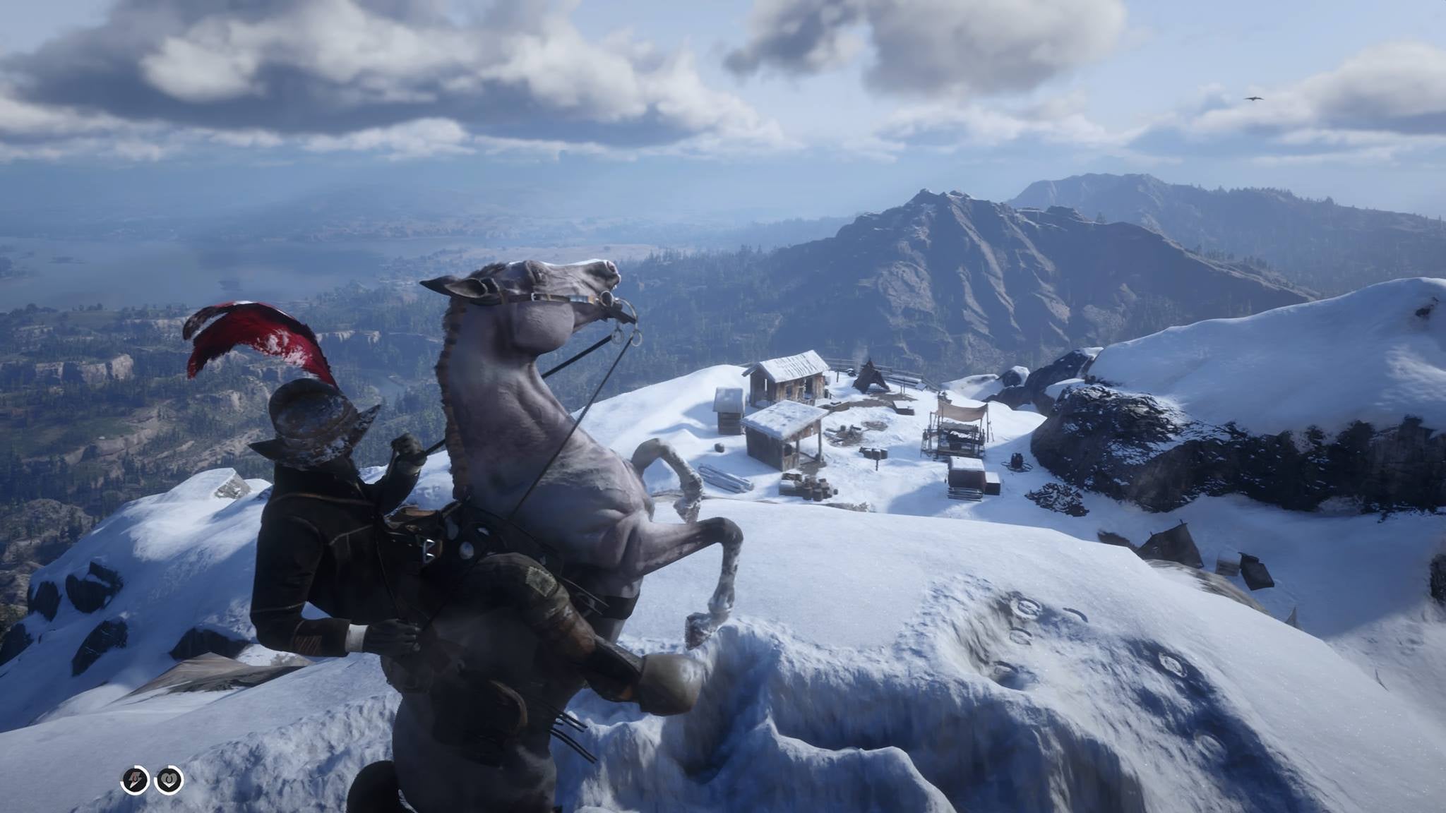 Arthur Morgan riding a horse in Red Dead Redemption 2 while wearing the Morion helmet. - 1