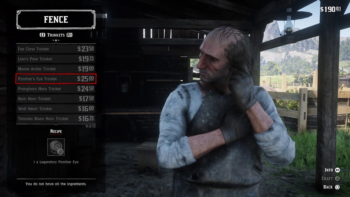 A Red Dead Redemption 2 menu screen for the Fence merchant, which shows the Panther's Eye Trinket is available to craft. - 3