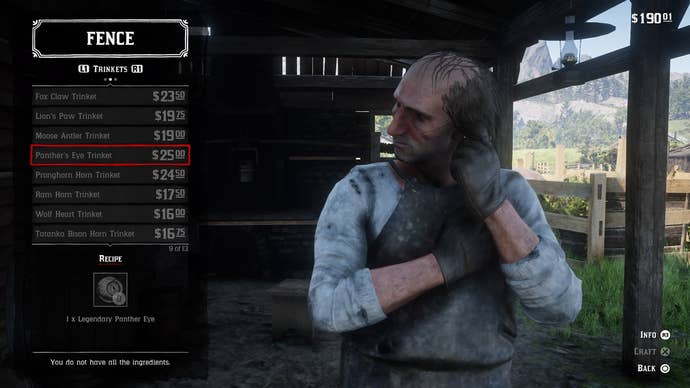 A Red Dead Redemption 2 menu screen for the Fence merchant, which shows the Panther's Eye Trinket is available to craft.