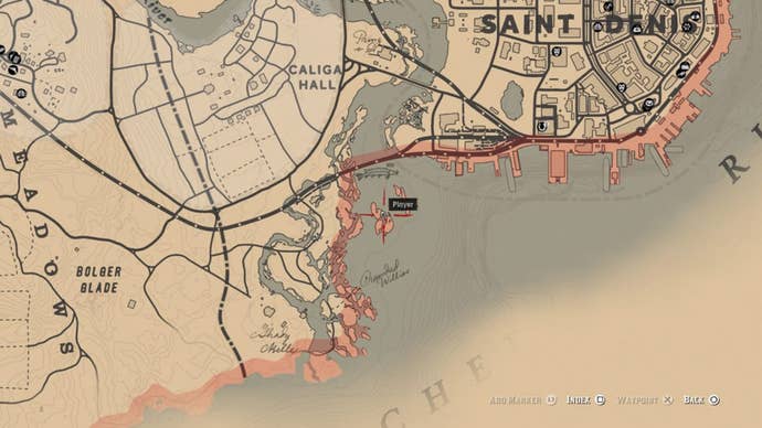Map showing the location of the Broken Pirate Sword in Red Dead Redemption 2.