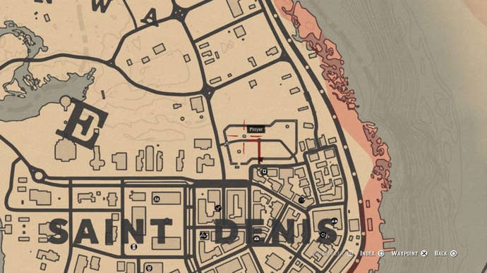 Map showing the location of the Saint Denis cemetery in Red Dead Redemption 2.