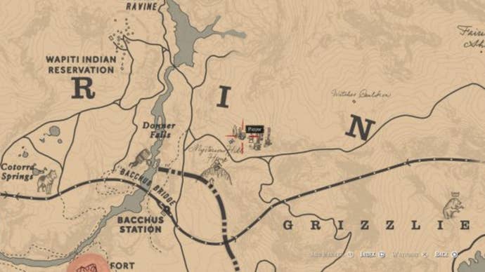Map showing the location of the Strange Statues puzzle in Red Dead Redemption 2.