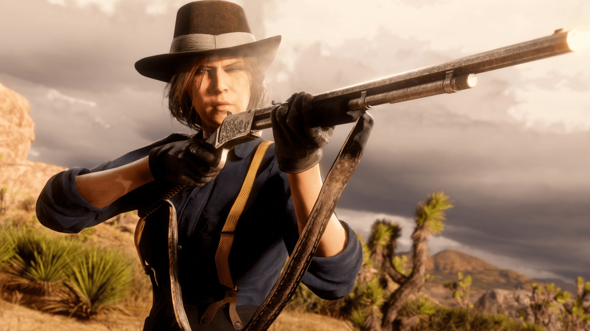 A female character in Red Dead Redemption 2 fires the varmint rifle. - 7
