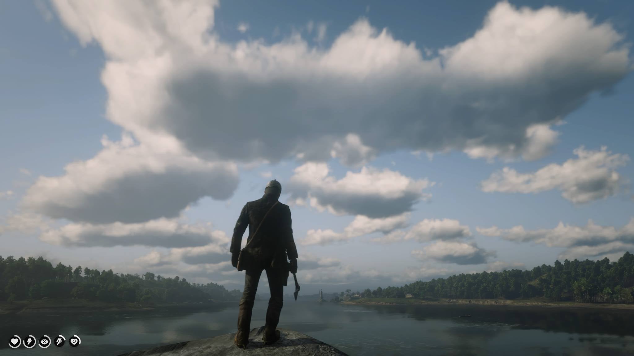 A Red Dead Redemption 2 character wearing the Viking helmet and holding the Viking axe by a river. - 1