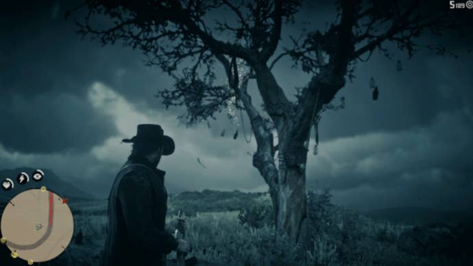 Arthur Morgan approaching the Whisky Tree location in Red Dead Redemption 2.