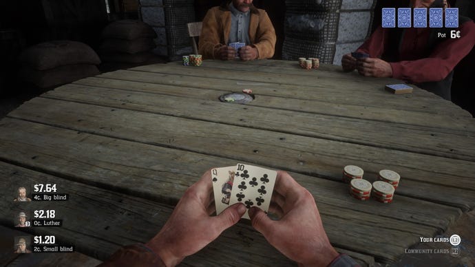 A group of cowboys play a hand of Texas Hold 'Em Poker in Red Dead Redemption 2.