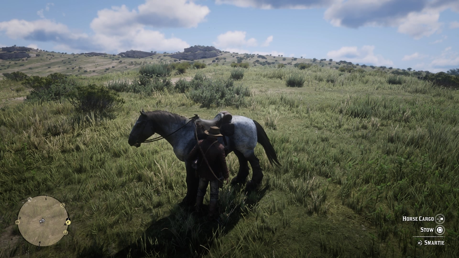 A player-controlled character in Red Dead Redemption 2 approaches his horse to stow away a pelt. - 3
