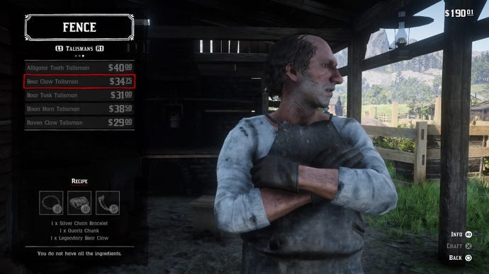 A Red Dead Redemption 2 menu screen for the Fence merchant, which shows the Bear Claw Talisman is available to craft.