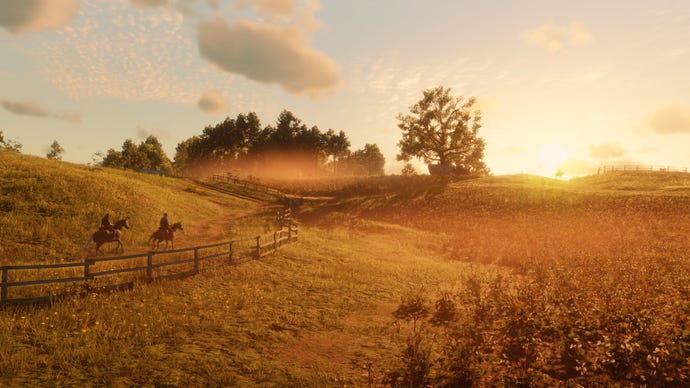 The wilderness of the wild west is shown while the sun is setting in Red Dead Redemption 2