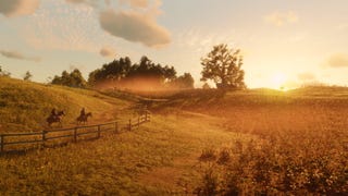 The wilderness of the wild west is shown while the sun is setting in Red Dead Redemption 2