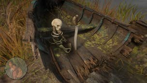 The Broken Pirate Sword sticking out of a dilapidated boat, and next to a skull, in Red Dead Redemption 2.