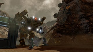 A mech explores rocky terrain in Red Faction: Guerilla