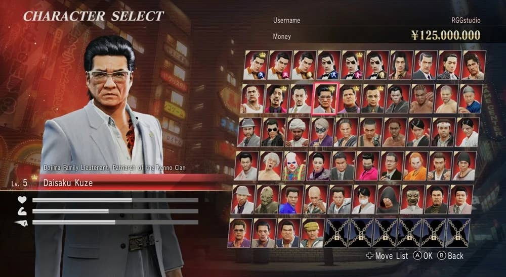 Daisuke Kuze from Yakuza 0 in the middle of a character select screen, next to 60 other selectable fighters in icon form