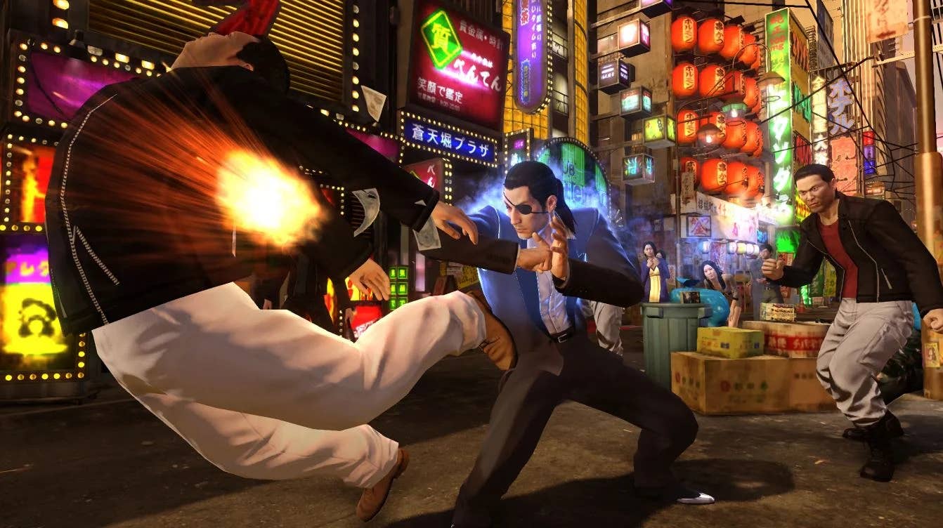 Goro Majima punches a man in the back so hard he flies forward in the air. Around him, neon lights in a 80s Japanese urban setting.