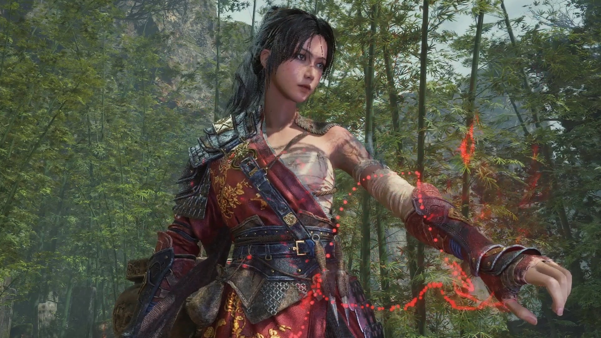 Wuchang's arm is swathed in Red Mercury as she prepares to use a Shrine in Wuchang: Fallen Feathers. - 4