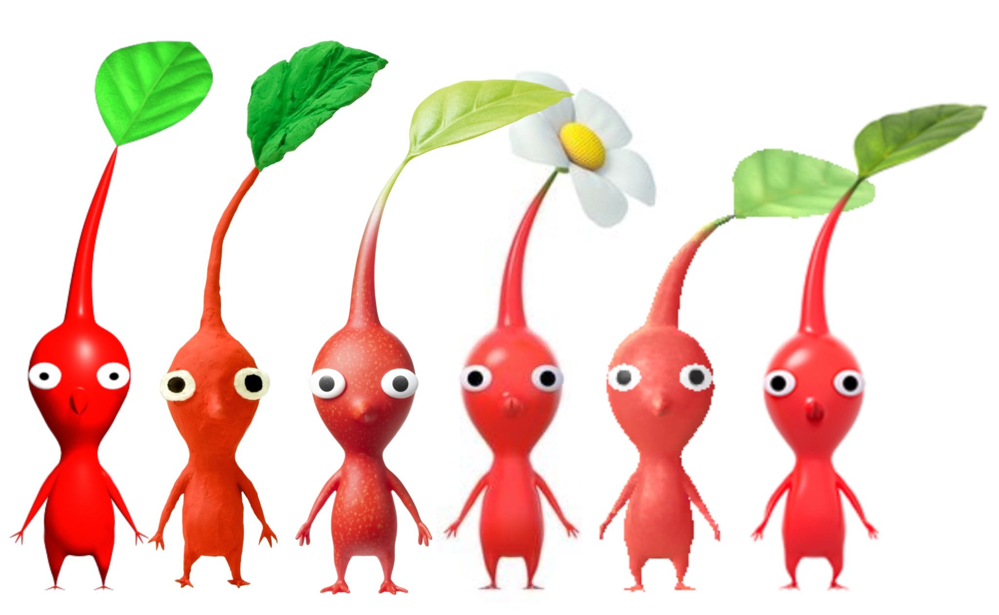 Red Pikmin stand in a line, most with leaves on their heads, but one has a daisy flower. - 3