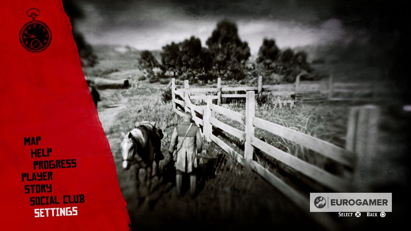 Pause menu of RDR2 with the settings option selected.