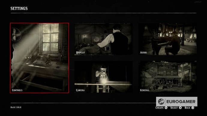 The settings menu of RDR2 with the cheat button shown in the lower right corner.