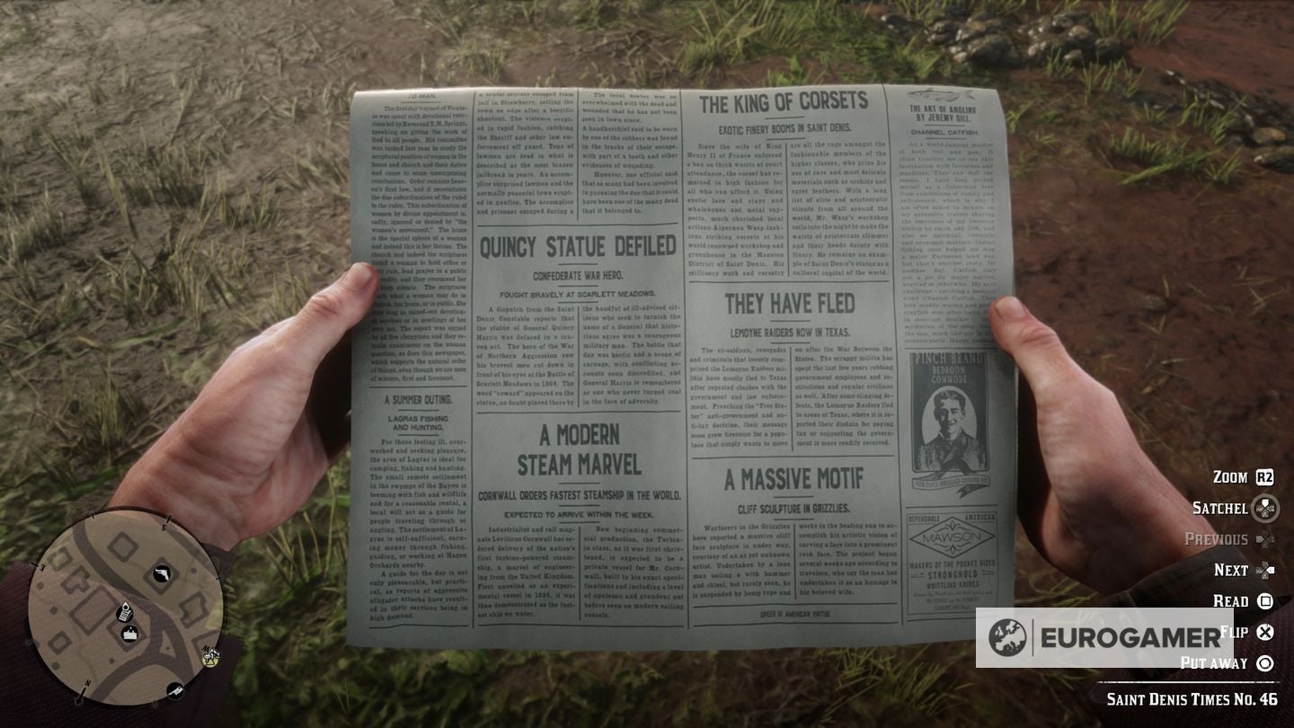 First person view of a newspaper with the &lsquo;Greed is American Virtue&rsquo; cheat printed at the bottom