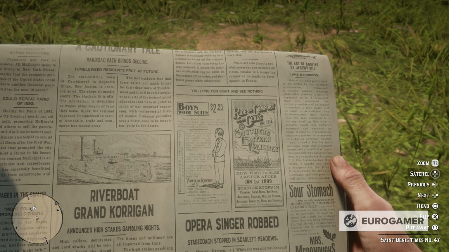 First person view of a newspaper with the &lsquo;You long for sight and see nothing&rsquo; cheat printed on it.