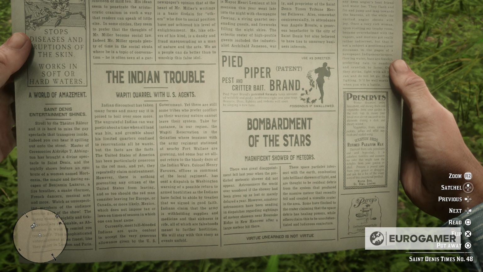 First person view of a newspaper with the &lsquo;Virtue unearned is not virtue&rsquo; cheat printed on it.