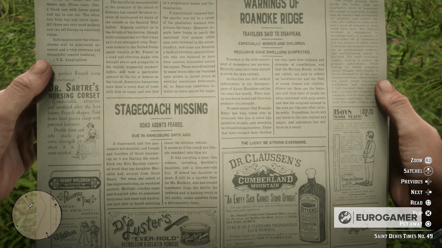 First person view of a newspaper with &lsquo;The lucky be strong evermore&rsquo; cheat printed on it.