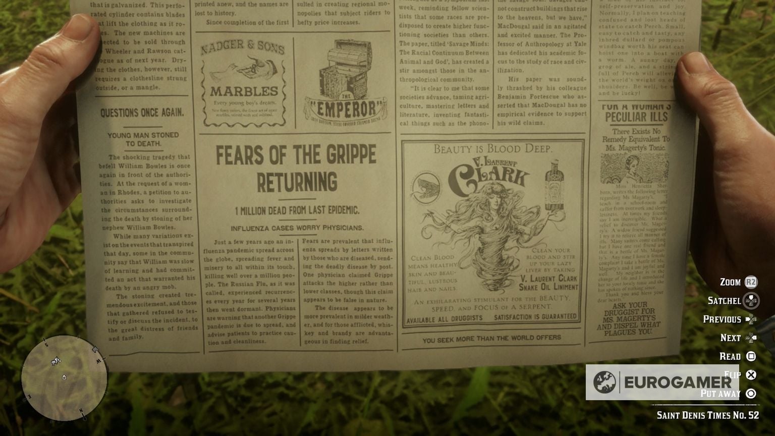 First person view of a newspaper with the &lsquo;You seek more than the world offers&rsquo; cheat printed on it.