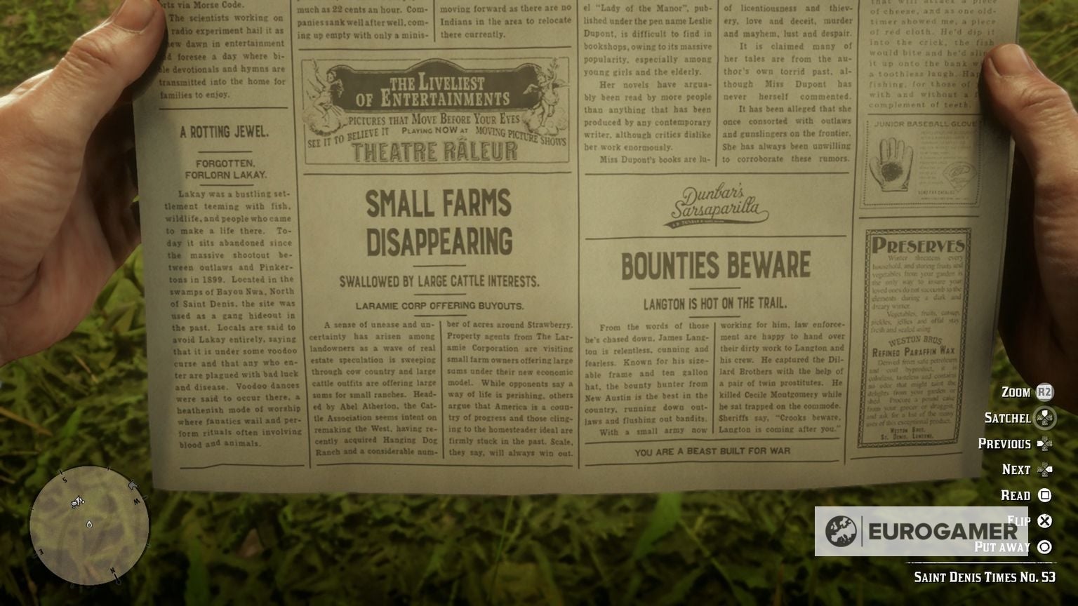 First person view of a newspaper with the &lsquo;You are a beast built for war&rsquo; cheat printed on it.