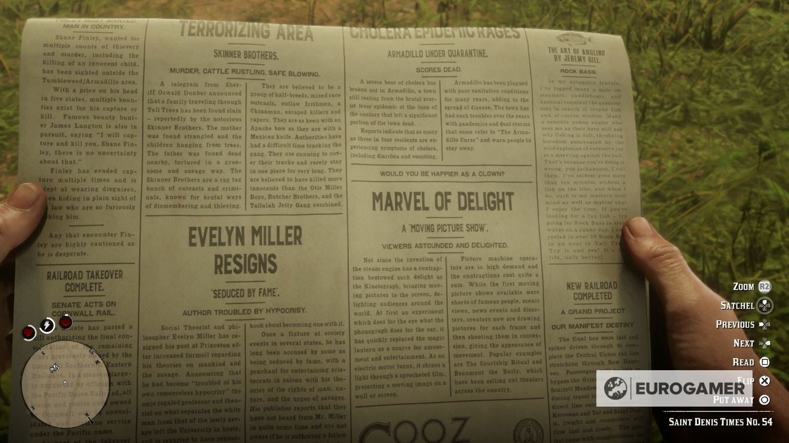 First person view of a newspaper with the &lsquo;Would you be happier as a clown?&rsquo; cheat printed on it.