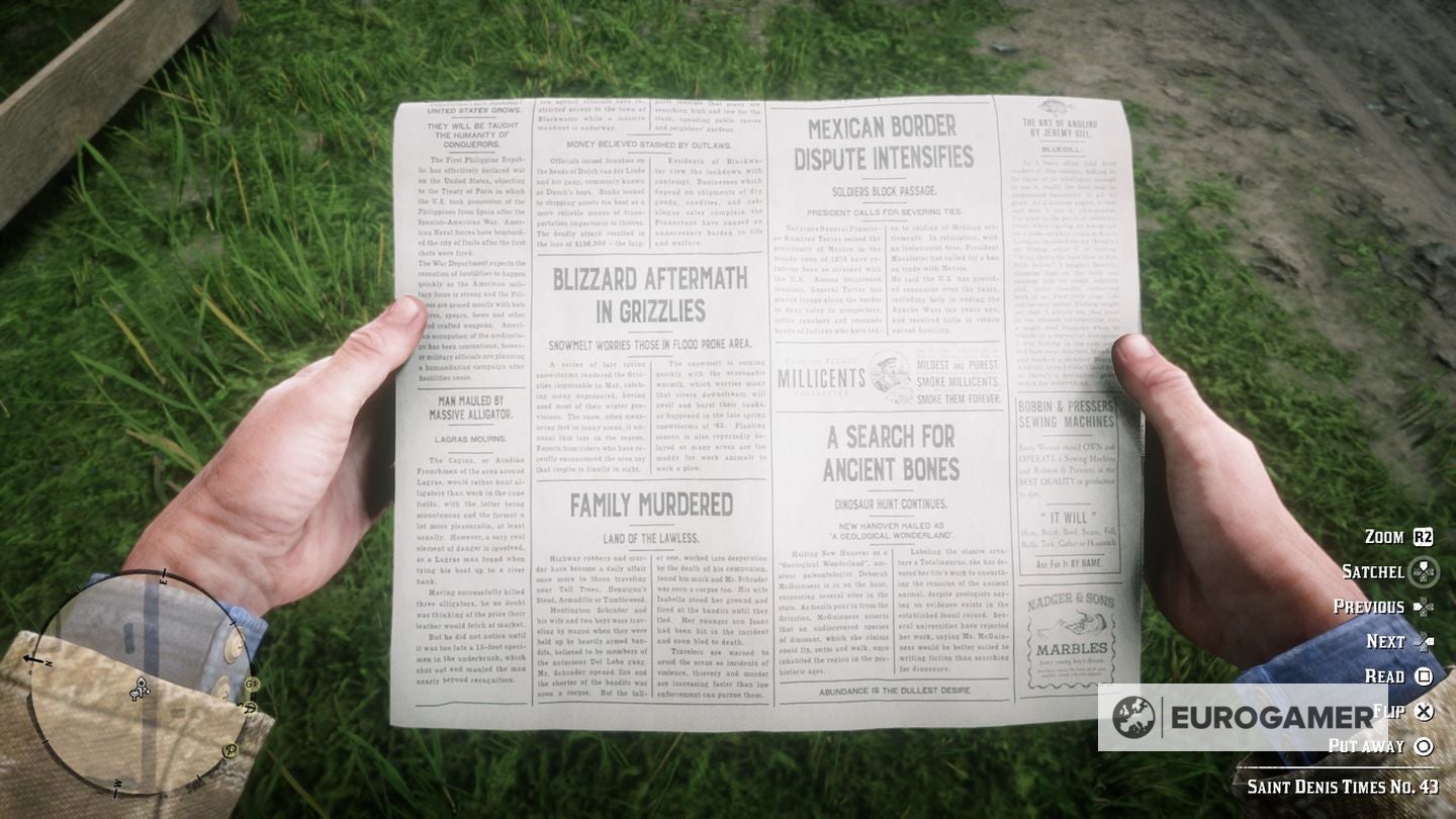 First person view of a newspaper with the &lsquo;Abundance is the dullest desire&rsquo; cheat printed at the bottom