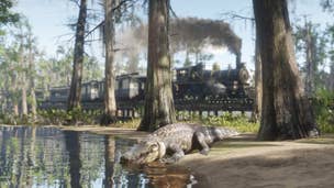 An alligator by a lake in Red Dead Redemption 2, with a steam train in the background.