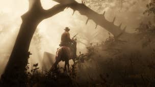 Arthur Morgan riding a horse through a wooded area in Red Dead Redemption 2.
