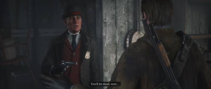 Agent Milton pointing a gun at a character in Red Dead Redemption 2.