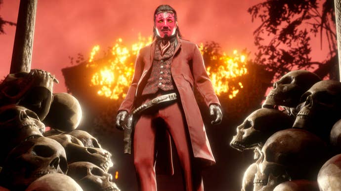 A cowboy in a Halloween mask in Red Dead Online