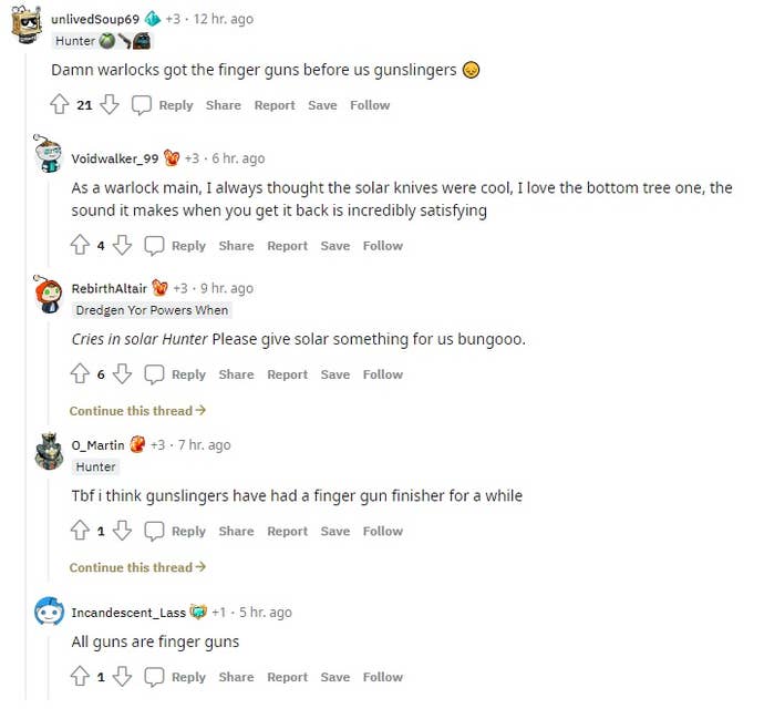 Some Reddit users sharing their thoughts on the new Warlock finger guns in Destiny 2