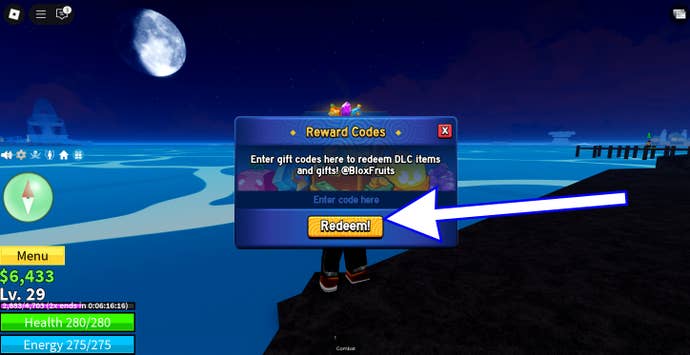 Arrow pointing at codes redemption button in Blox Fruits.