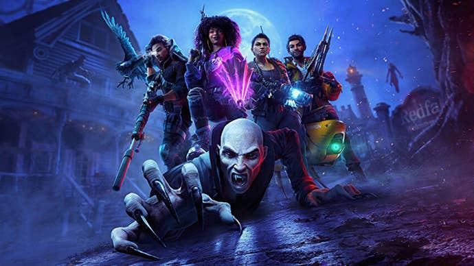 Key art from Arkane’s co-op vampire slaying shooter Redfall, showing hunters and a vampire clawing the floor