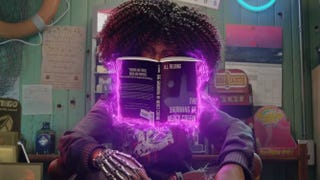 Layla in Redfall reading a book which is levitating in the air in front of her. Purple plumes are radiating out from the open book