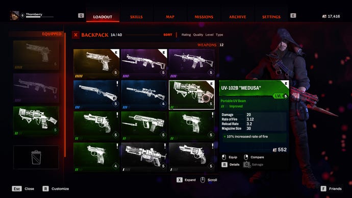 A screenshot from Redfall which shows a loot menu filled with various guns of different rarities.