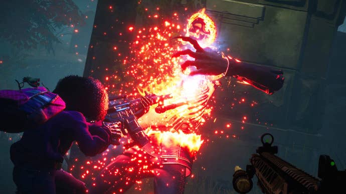 A cropped screenshot of a fight in Redfall, showing a vampire mid-crumbling to firey dust as it’s staked by a player