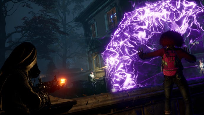 Layla conjures a magical purple umbrella to block bullets from a cultist in Redfall.