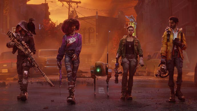 Four lead characters from Redfall walking towards camera away from dusty town accompanied by a small walking robot