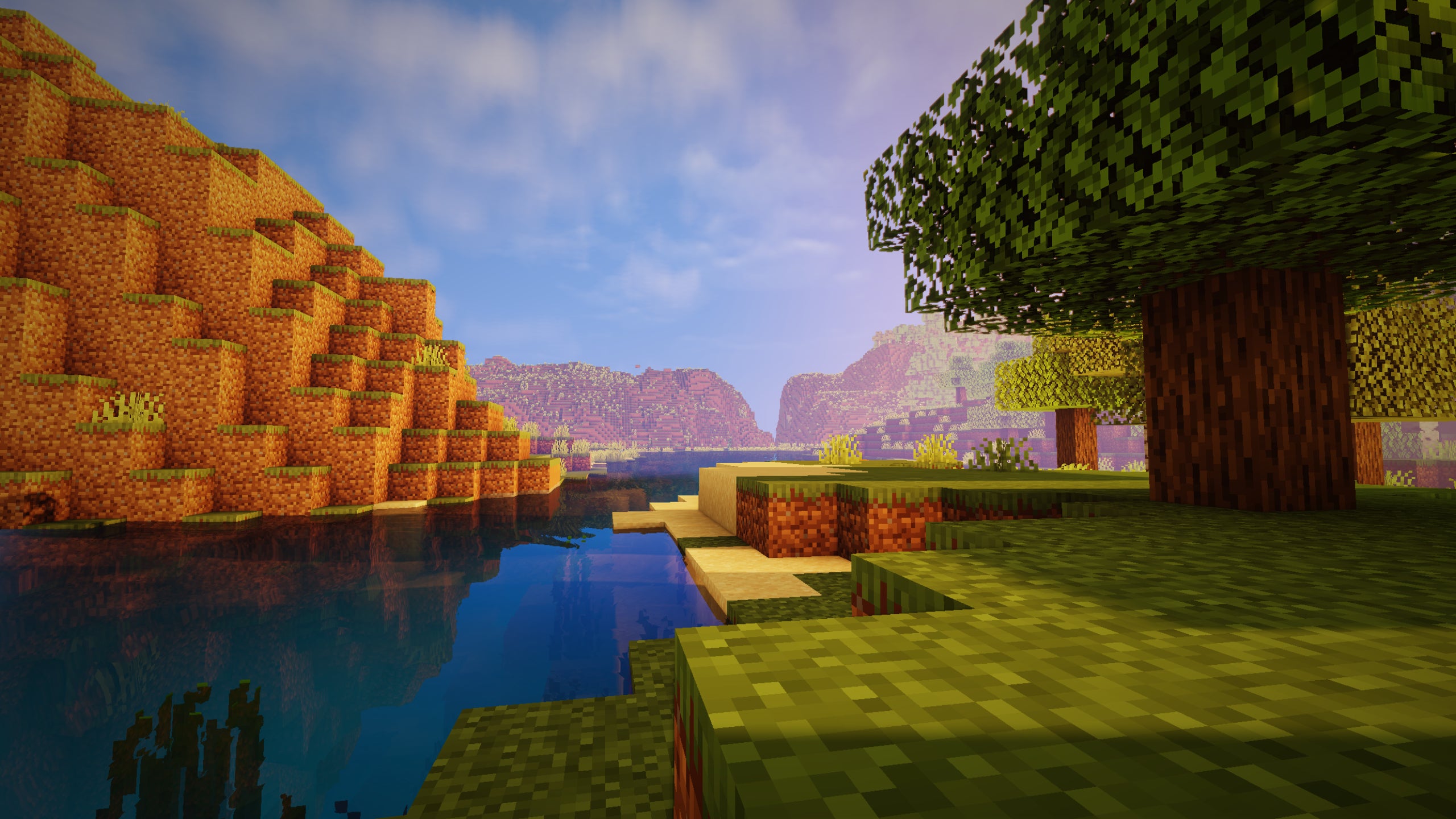 A shot of a Minecraft landscape from close to the ground with RedHat Shaders installed.