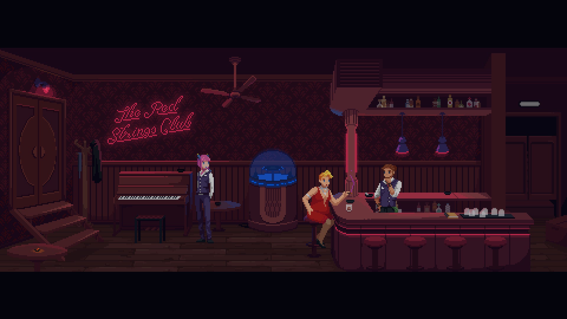 A scene from The Red Strings Club, as Larissa (a blonde woman in a red dress) orders a drink - 4
