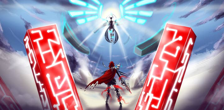 Concept art for Red Trigger 2 shows a robotic/angelic character with segmented wings in the sky, while the game's protagonist faces them. We see the protagonist and they're red cloak from behind. A robotic cat stands across their shoulders. Two red bars with glowing white circuitry patterns jut out at angles in the foreground