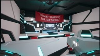 Red Trigger screenshot showing a white-walled sci-fi room with a red banner strung across a doorway. It reads, "Humanity thanks you for your sacrifice."
