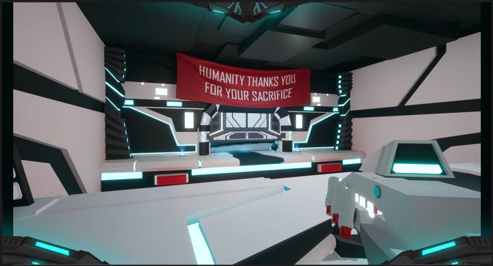 Red Trigger screenshot showing a white-walled sci-fi room with a red banner strung across a doorway. It reads, "Humanity thanks you for your sacrifice."